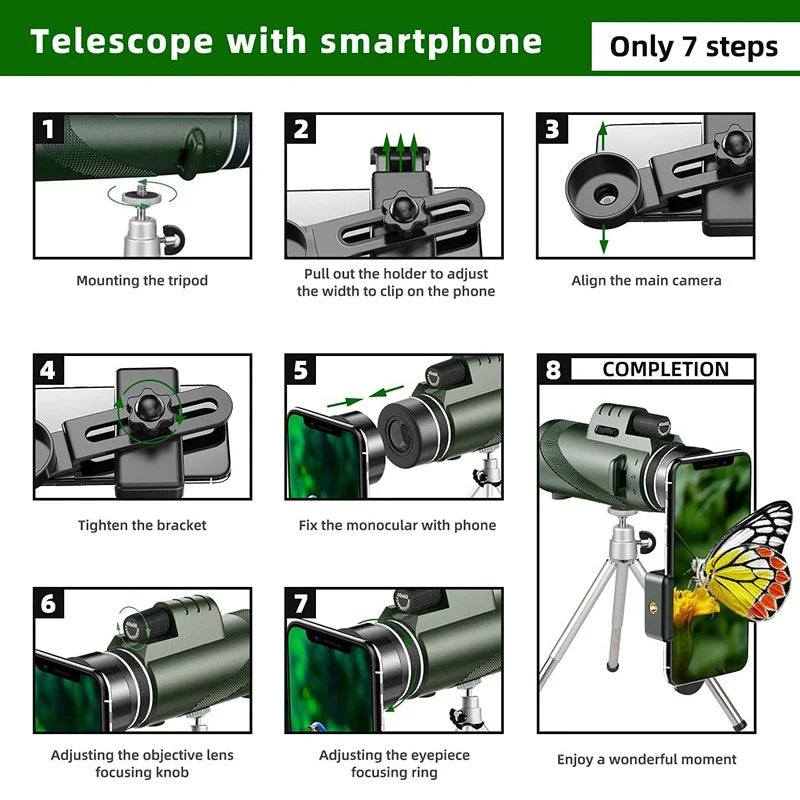 80X100 HD ZOOM Powerful Monocular Telescope Portable Binoculars Long Range Telescope Hunting Camping with Tripod Phone Clip